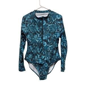 Womens XL Swimsuit One Piece Long Sleeve Rashguard Zip up Surf Teal Leaves